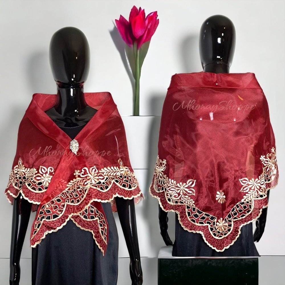 Burgundy-Handmade Filipino Alampay Shawl – Organza Cutwork Embroidery w/ Brooch